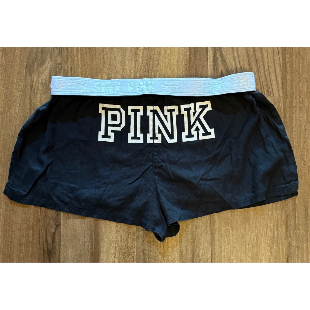 Victoria's Secret PINK Black Sleep Shorts Silver Waistband Logo Graphic Large